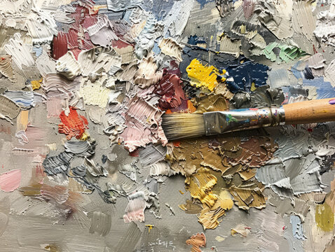 A detailed view of paint and brushes arranged on a table, for creating artwork.