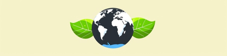 Illustration of a leaf and a globe on a bright yellow background in a flat style design. Banner. Copy space. Earth Day concept.