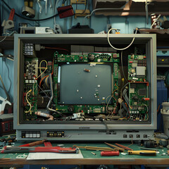 Inside View of a Modern Television During a Repair Process with Tools at a Workbench
