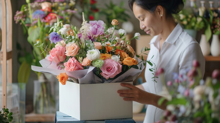 A woman stands in front of a box of flowers, observing the delicate arrangement. Flower delivery concept.