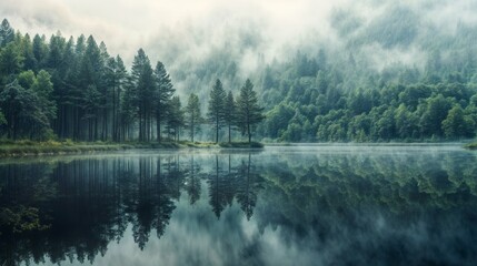 Landscape of misty mountain lake with pine trees reflected in water