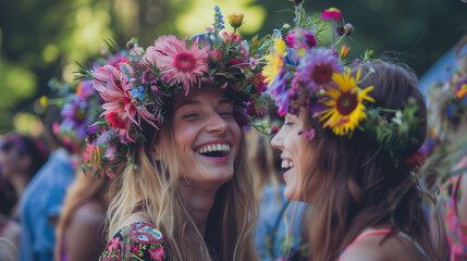 Two females adorned with flower crowns on their heads, showcasing a cultural and joyful moment at a music festival - obrazy, fototapety, plakaty