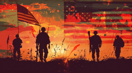 silhouetted soldiers with american flag against a grunge sunset background, memorial day may 27th United States