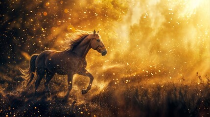 Horse run gallop in the field with golden rays of light - obrazy, fototapety, plakaty