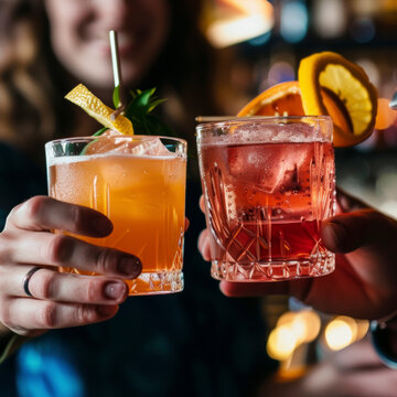 Close up of two people cheering cocktails in bar or disco club drinks and cocktails concept.