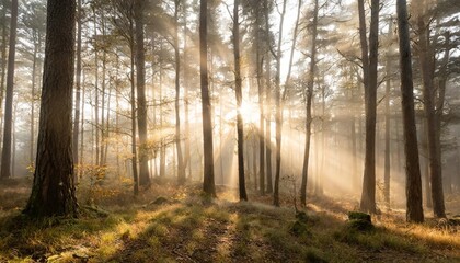 mist in forest with sunbeam rays woods landscape