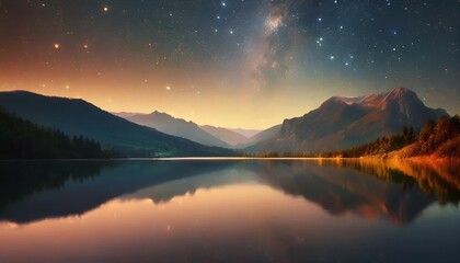 spectacular nature background of beautiful mountain and lake in starry night with shimmering light...