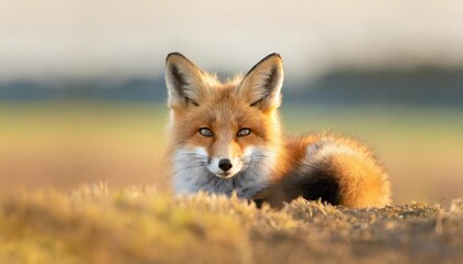 bored young red fox vulpes vulpes lying down and stretching legs on agricultural field cute wild animal resting in nature from front view mammal with fur near den with copy space - obrazy, fototapety, plakaty