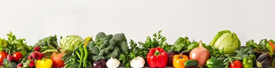 A group of fresh organic vegetables arranged neatly in a row on a white background. Banner. Copy space. - obrazy, fototapety, plakaty