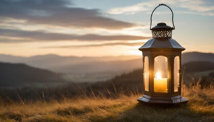 traditional lantern with burning light on nature outdoor background generate ai