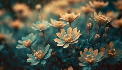 generative ai close up of blooming flowerbeds of amazing teal flowers on dark moody floral textured background photorealistic effect - obrazy, fototapety, plakaty