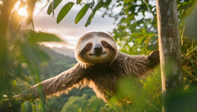 cute sloth on beautiful green nature background choloepus hoffmanni central america costa rica