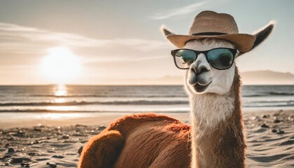 llama with glasses and hat sunbathing on the beach concept of enjoying vacation - obrazy, fototapety, plakaty