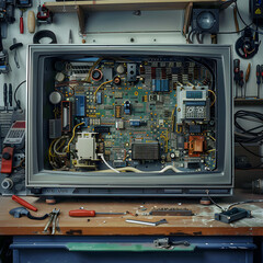 Inside View of a Modern Television During a Repair Process with Tools at a Workbench
