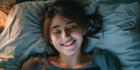 A young girl with a beaming smile reclines on a bed