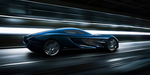 A sleek blue sports car speeds down a dimly lit city street at night, its headlights illuminating the road ahead