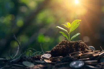 Young plant growing from a pile of coins buried in soil, symbolizing investment growth and financial success