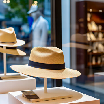 lifestyle photo panama hat display for sale in shop.
