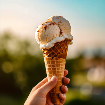 lifestyle photo hand holding an ice cream cone.