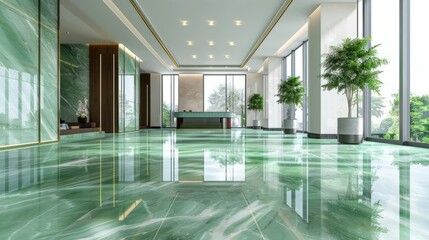 A spacious, modern lobby featuring glossy green marble floors and elegant interior design with plants. Background.