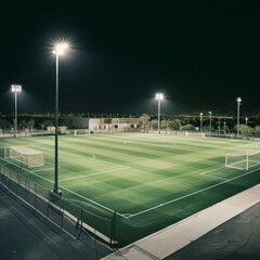 soccer stadium at night empty with lights on.