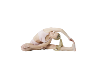 a young smiling girl shows yoga asanas sitting on the floor with one leg bent and leaning towards the other, isolated on transparent background, png