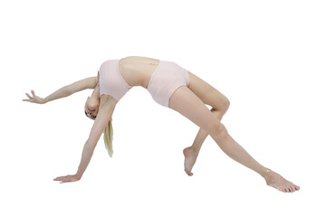 a young smiling girl shows yoga asanas in a bend leaning on one hand and taking the other behind her head, isolated on transparent background, png