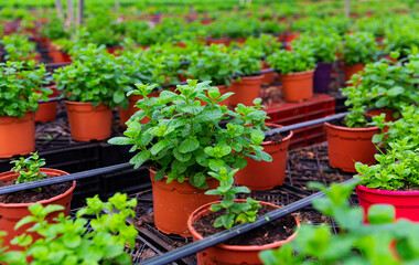 Rows of pots with organic mint seedlings growing in greenhouse farm