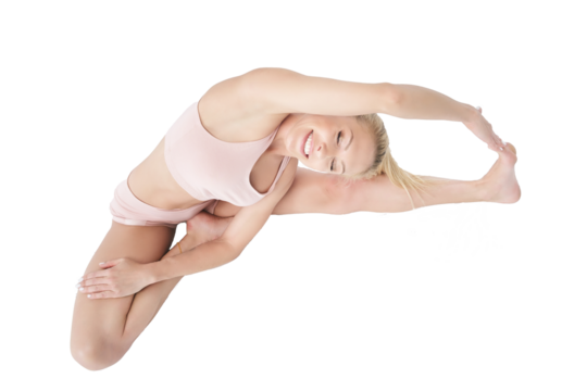 a young smiling girl shows yoga asanas sitting on the floor with one leg bent and leaning towards the other, isolated on transparent background, png