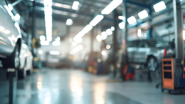 Blurred image of a car repair shop with a car on a lift and a mechanic working on it