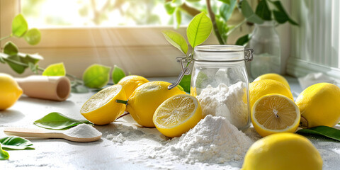 lemons and white powder on table, generative AI