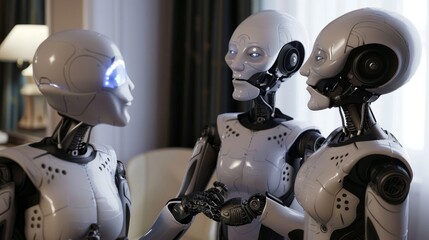  Robot ambassador greeting alien delegates soft diplomatic chamber light