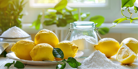 lemons and white powder on table, generative AI - obrazy, fototapety, plakaty
