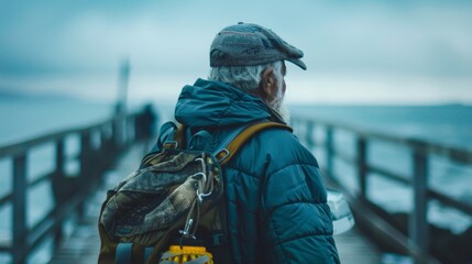 A man with a weathered face stands on the pier fishing gear slung over shoulder as takes in the salty air. . . - obrazy, fototapety, plakaty