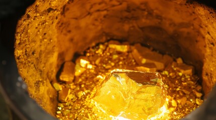 The transformation of solid gold into molten liquid in a furnace
