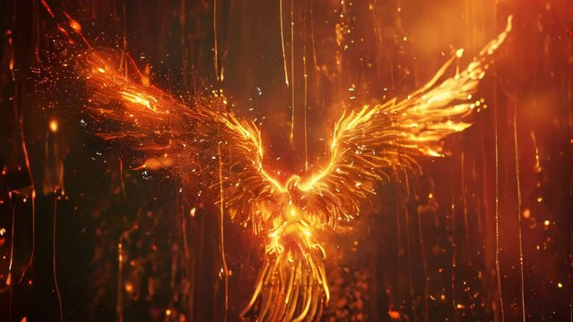 In a blaze of fiery light, the majestic phoenix spreads its wings and rises, bathed in a shower of flames. Golden, glowing particles swirl around its sacred form like magic. 