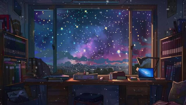 Lofi empty interior. Messy desk, window view of a night sky, anime, manga style. Colorful study lo-fi desk. Cozy chill vibe. Atmoshperic lighs. Stars 4k wallpaper. Lofi