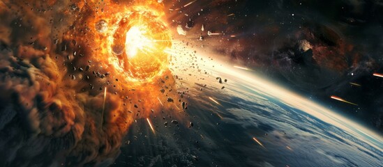 Intense space battle with explosion of asteroids and debris