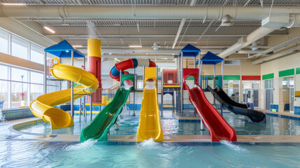 Brightly colored slides and water play areas await fun at an indoor aquatic center
