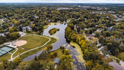 aerial view of a creek and park