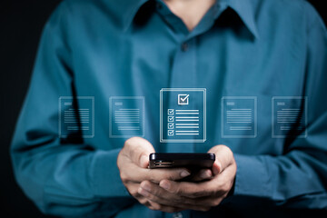 Online surveys and digital form checklists on virtual screens. Online document management...