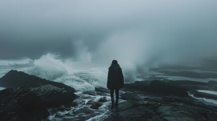 Against a backdrop of swirling ocean waves and a misty horizon a lone figure walks along a dark rocky shore. back is turned . . - obrazy, fototapety, plakaty