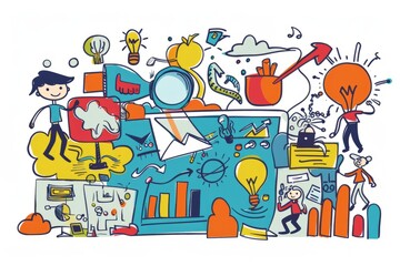 Cartoon cute doodles of a business innovation lab, with characters experimenting with new technologies and pushing the boundaries of creativity, Generative AI