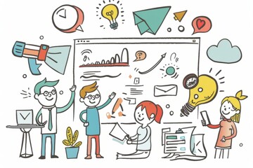 Cartoon cute doodles of a business makeover, with characters rebranding their company, redesigning their logo, and launching a fresh marketing campaign, Generative AI