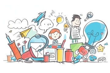 Cartoon cute doodles of a business makeover, with characters rebranding their company, redesigning their logo, and launching a fresh marketing campaign, Generative AI