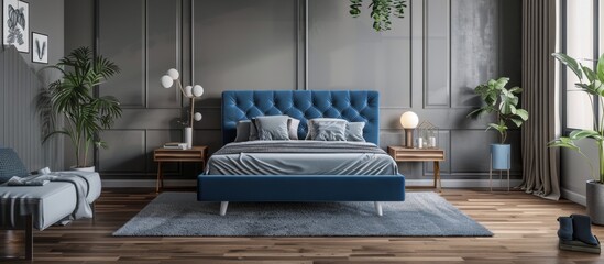A bed with a blue headboard in a bedroom