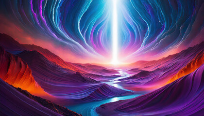Mystical blue and purple background with radiant white light, evoking awe and wonder