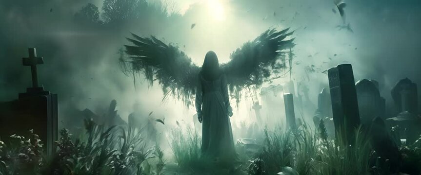Angel of death in misty graveyard, spirits rise