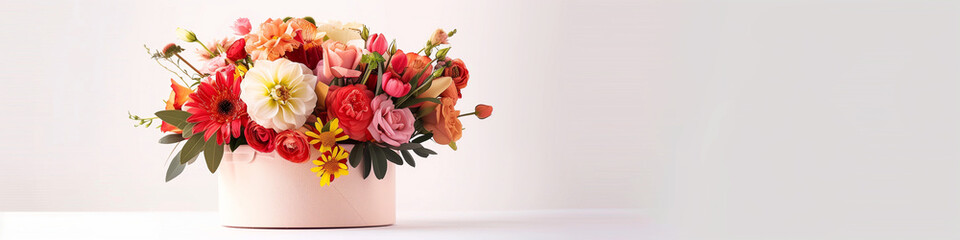 A white box filled to the brim with a luxurious array of vibrant, colorful flowers, creating a stunning display. Banner. Copy space. Flower delivery concept.