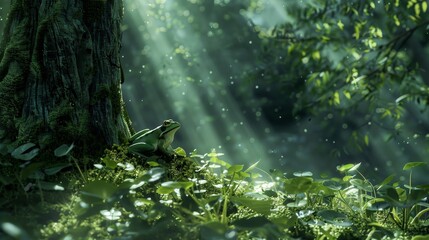Futuristic forest with green frog and detailed beauty in dark green and grey colors